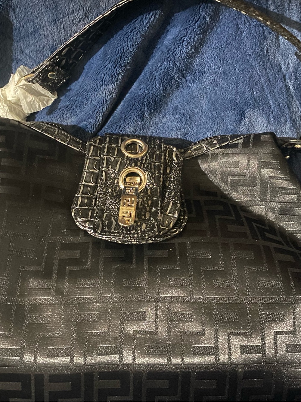 Black Shoulder Bag with Croc-Trim and Gold Accent